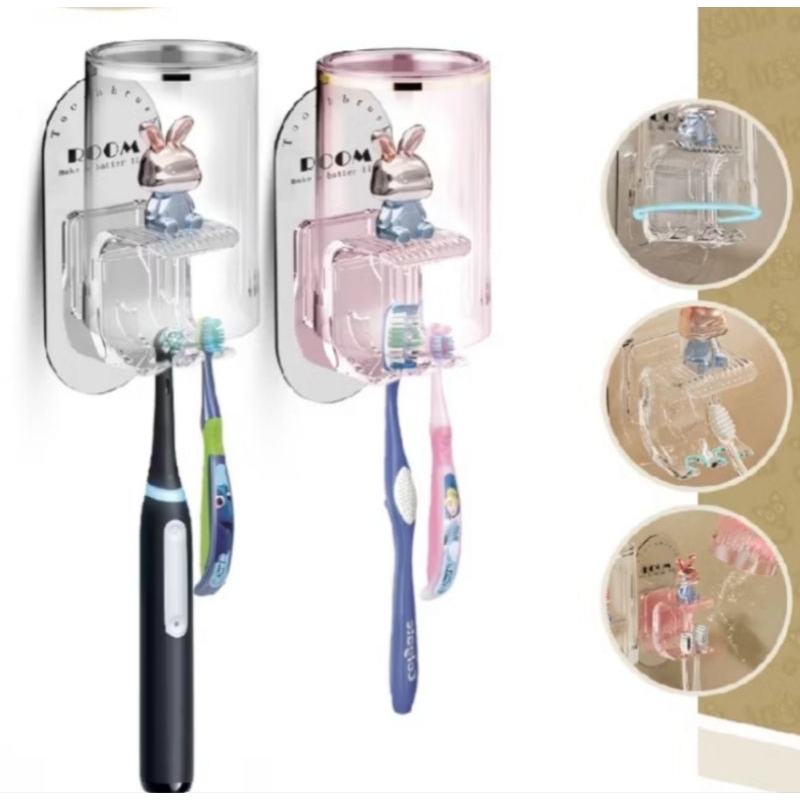 TEMPAT SIKAT GIGI ESTETIK KELINCI BENING TEMPEL DENGAN GELAS WADAH TOOTHBRUSH