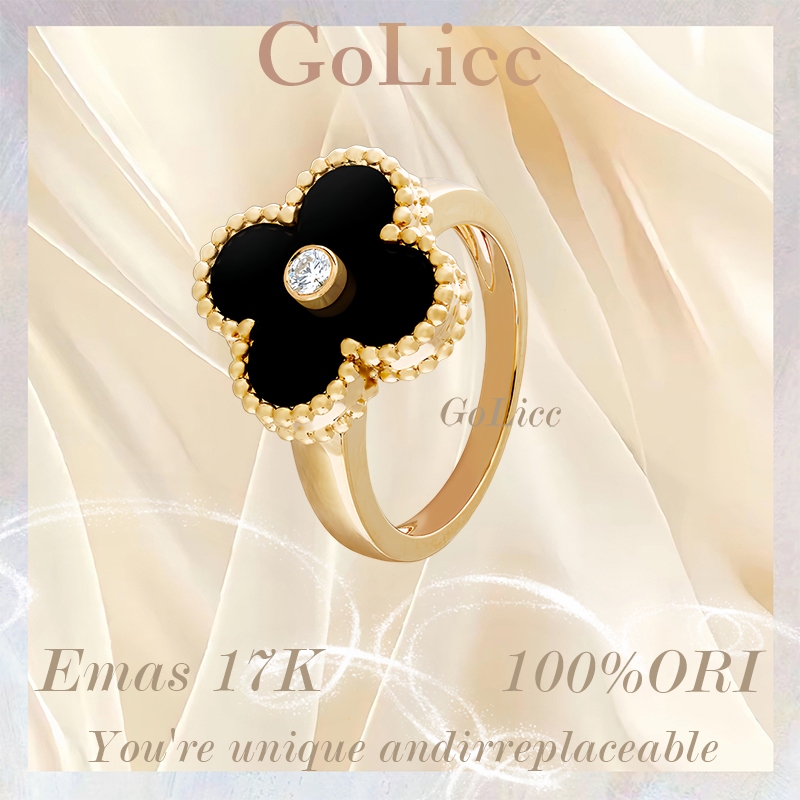 Cincin Berlian Moissanite Semanggi Mawar Emas 17K - Cincin Onyx Hitam - Cincin Wanita - GoLicc