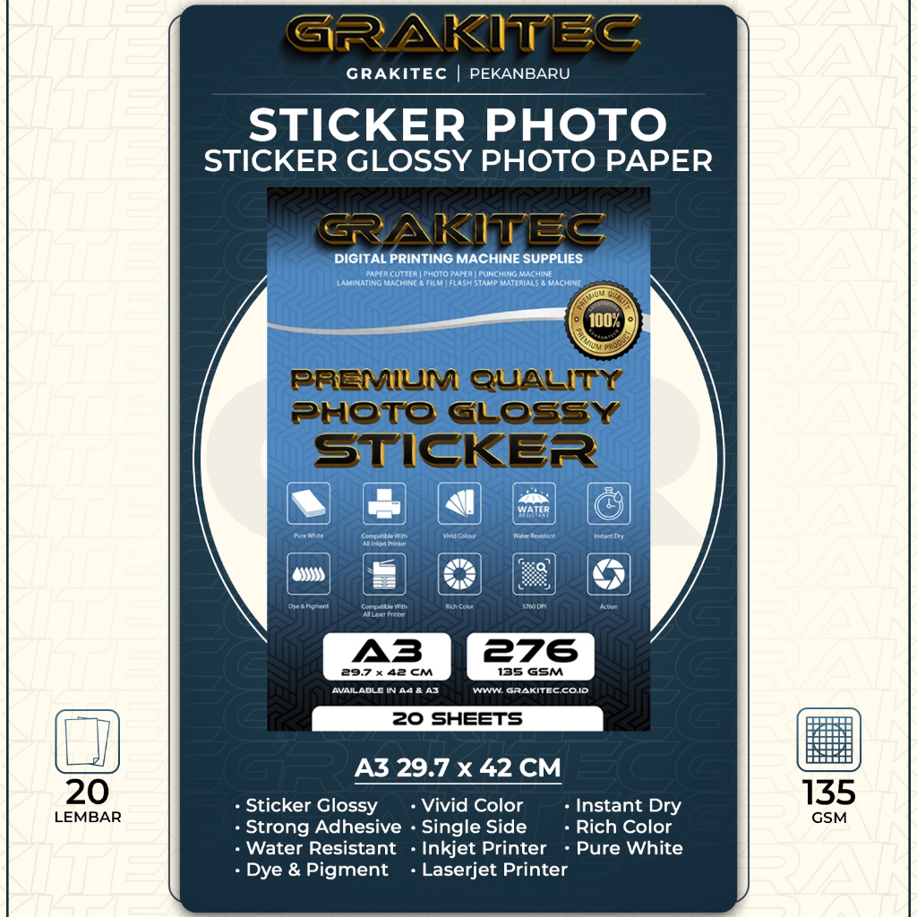 

Sticker Glossy Photo Paper Premium A3 Isi 20 Lembar ( Kertas Foto Sticker Glossy ) 135 GSM GRAKITEC