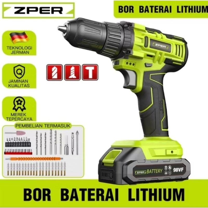 Mesin Bor Baterai 12 V 21 V Zper Cordless Drill 2 Battery