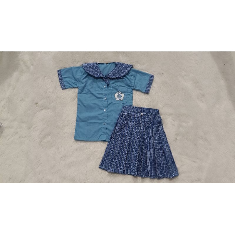 setelan baju TK kotak biru/baju TK biru kotak