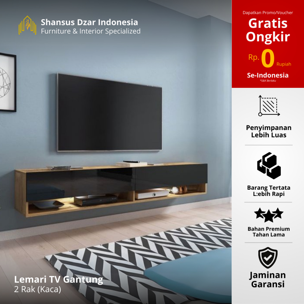 Meja TV / Rak TV / Lemari TV Berkaca Minimalis Aesthetic (2 Sekat)