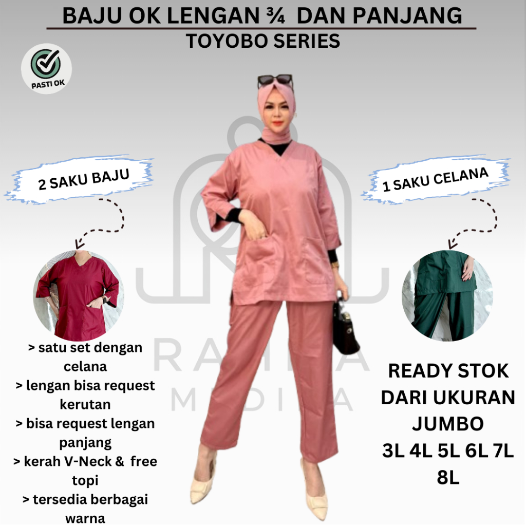 Baju ok toyobo lengan 3/4 jumbo baju dinas perawat jaga dokter scrub medis size 3L 4L 5L 6L 7L 8L