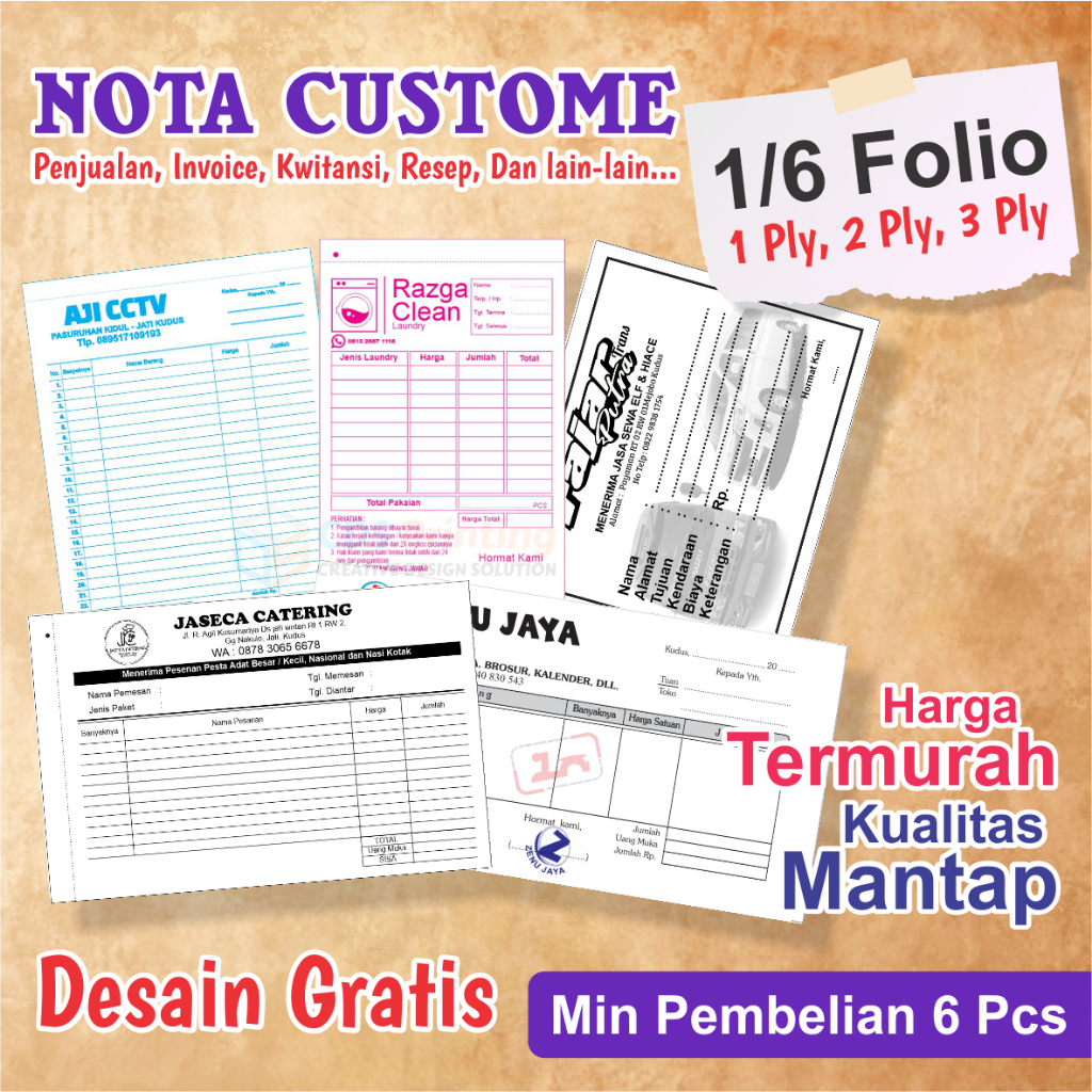 

Nota custom warna 1/6 folio isi 100lbr, Nota Customer - Penjualan, Invoice, Kwitansi dan lainnya
