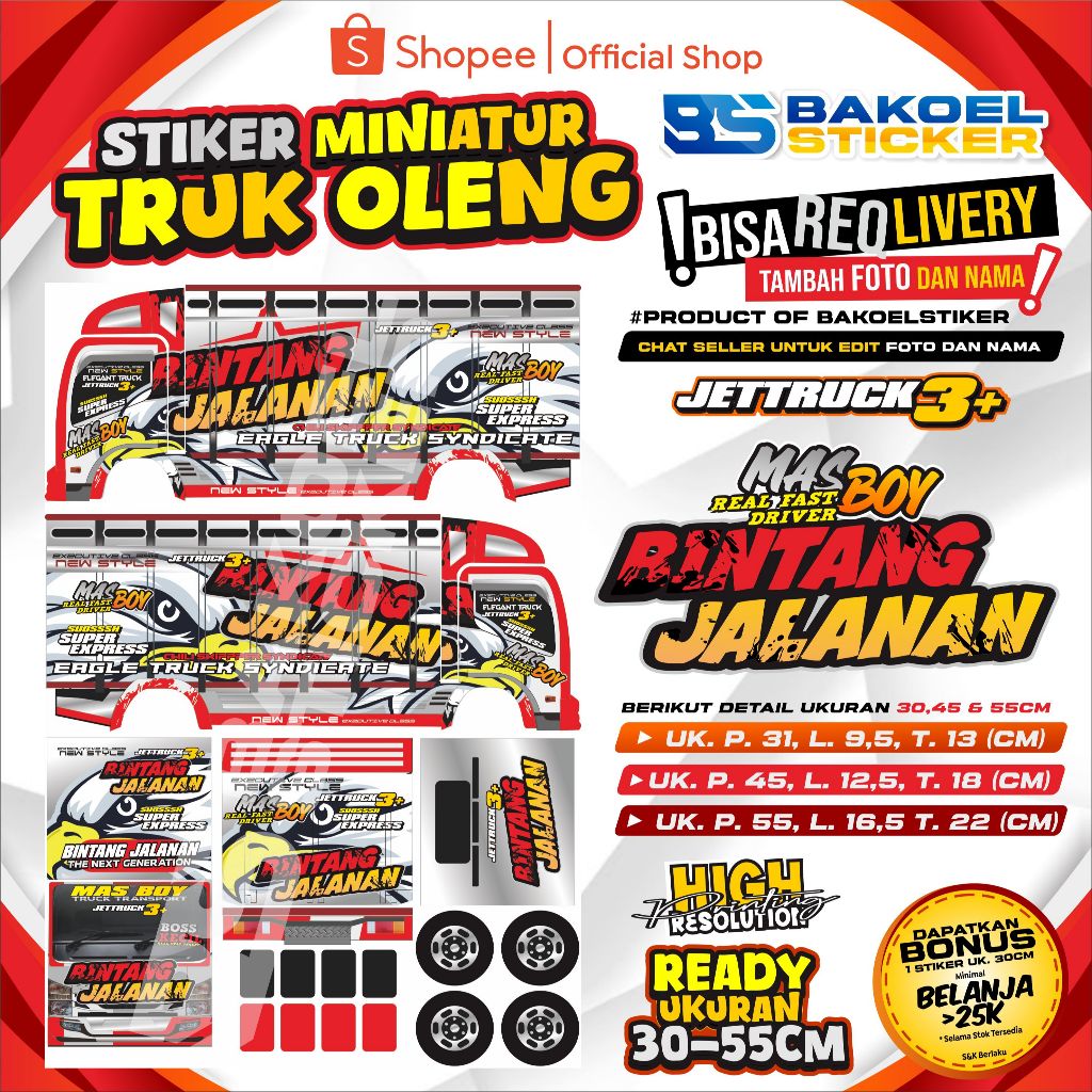 STIKER MINIATUR TRUK OLENG MOTIF BINTANG JALANAN UK. 30/45CM