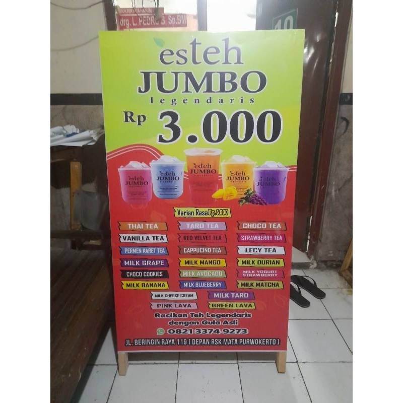 STANDING BANNER LIPAT RANGKA KAYU JAGRAK 2 SISI JUALAN UMKM SEGITIGA STANDING JALAN DEPAN TOKO KONTE