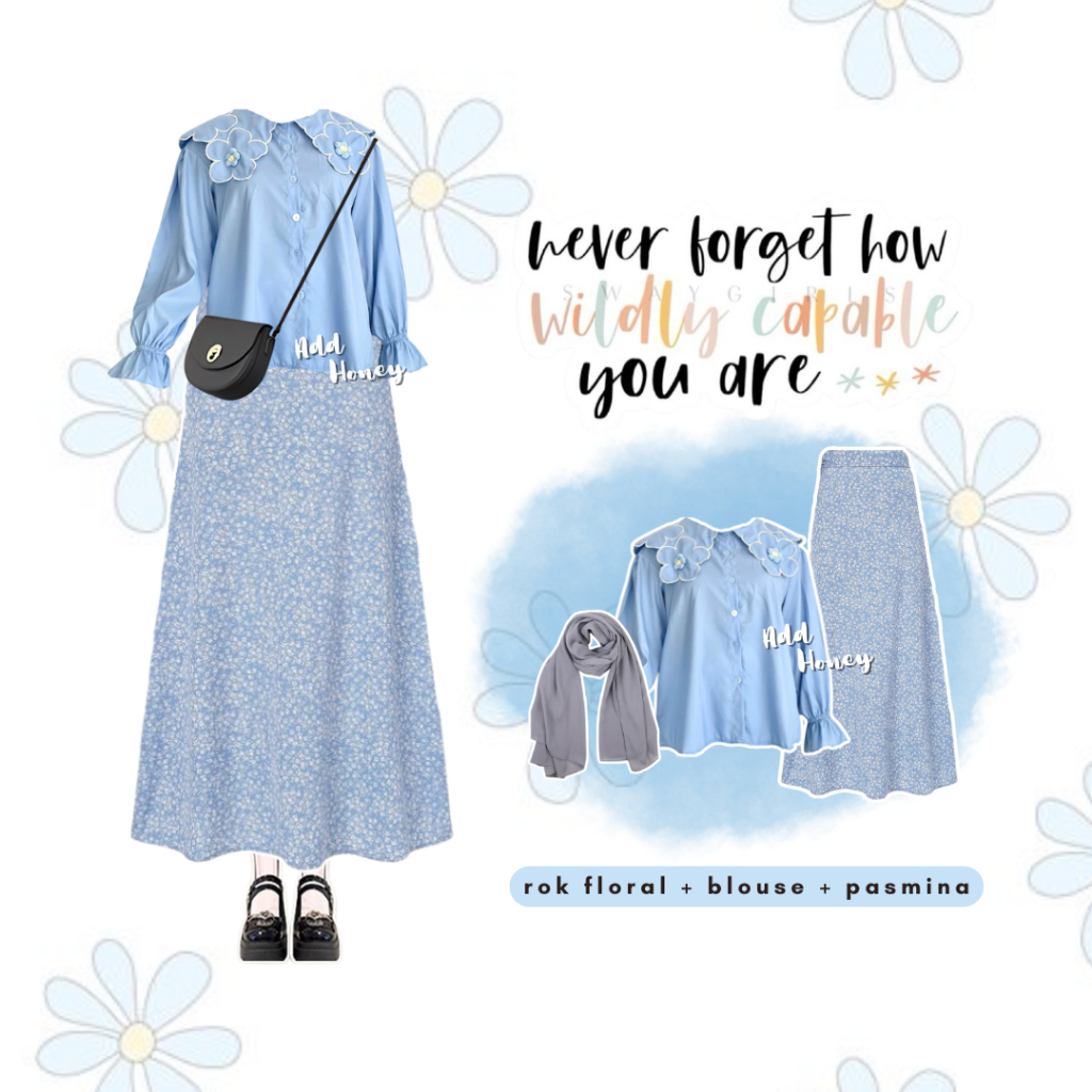 One Set OOTD Yearbook (Kemeja, Rok Floral, Pashmina) Setelan 3in1 Outfit Vintage - AH149