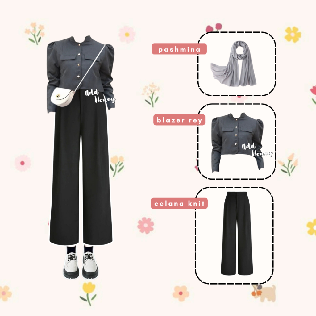 One Set OOTD Hijab Style (Blazer Crop, Pashmina, Celana) 3 in 1 Setelan Wanita Kekinian Remaja AH150