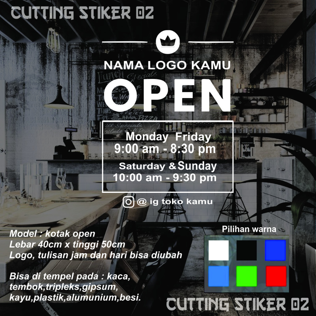 

Stiker Dinding / Kaca OPEN HOURS KOTAK OPEN