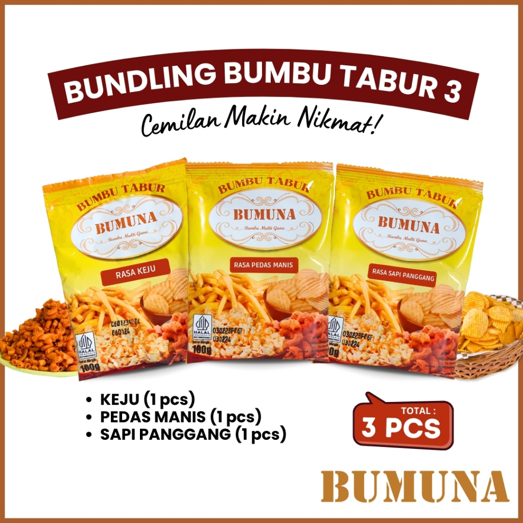 

Paket Bumbu Tabur 3pcs (Keju - Pedas Manis - Sapi Panggang)