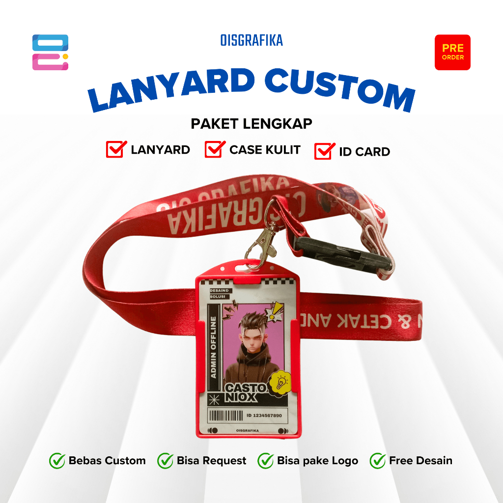 

Lanyard Custom + ID Card PVC Full Print 2 Sisi – Set Lengkap dengan Case Plastik