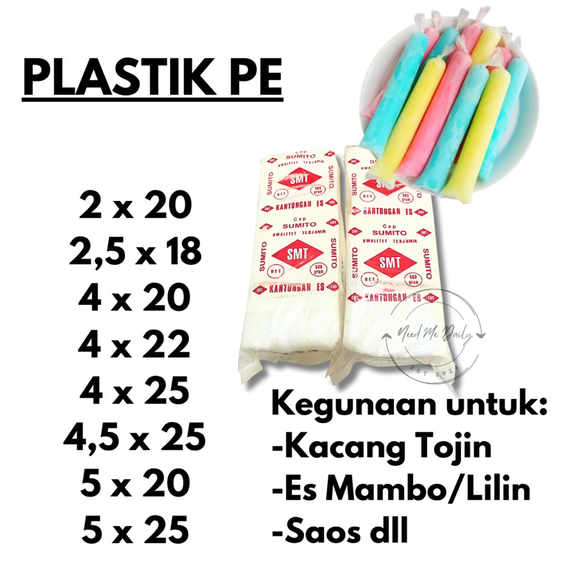 Plastik PE Kecil | Es Lilin | Es Mambo | Kacang Tojin | Saos | Es Ganepo ukuran 2x20 2,5x18 4x20 4x2