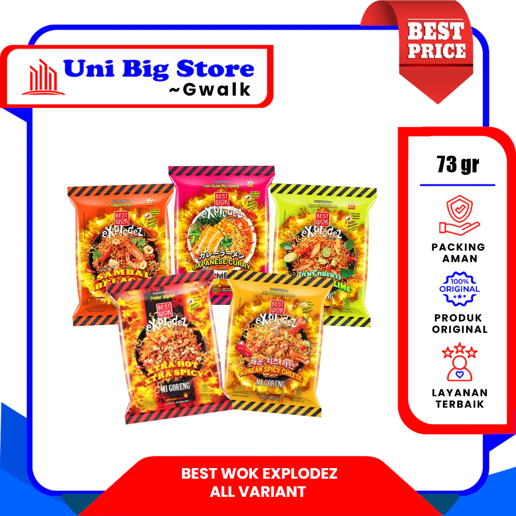 

MI BEST WOK EXPLODEZ MIE GORENG XTRA HOT - SPICY CHEESE - BELACAN - THAI LIME - JAPANESE CURRY - 73 gr