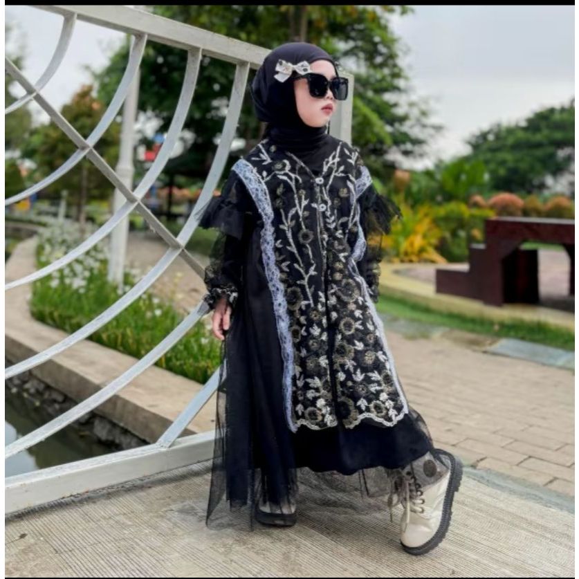 AKFAS - Sett Outer dan Rok Tutu Gamis Anak Perempuan Mewah Brokat Elegan – Dress Pesta Muslim Anak A