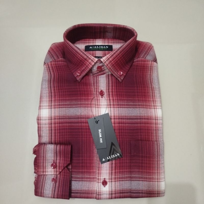 Alisan Kemeja Pria Flanel Kotak Merah Lengan Panjang Slimfit