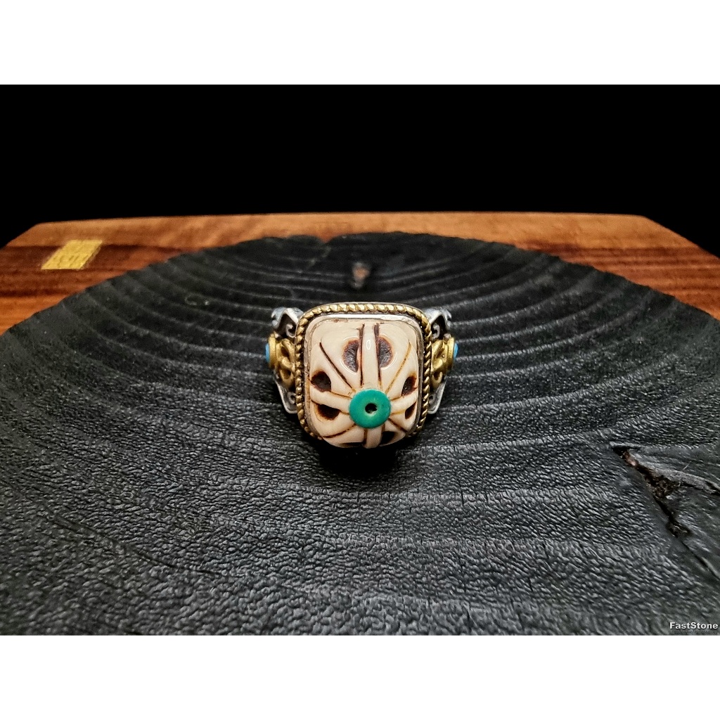 Cincin Silver Gadin Mamut Vajra Ukiran Kuno Ajustable Ring Blessed Tibet 15x15mm E2342