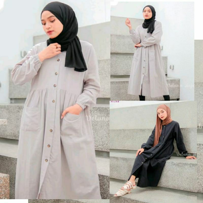 elovee tunik katun linen black hitam / long tunic all size hijabers / tunik panjang elovee / midi dr