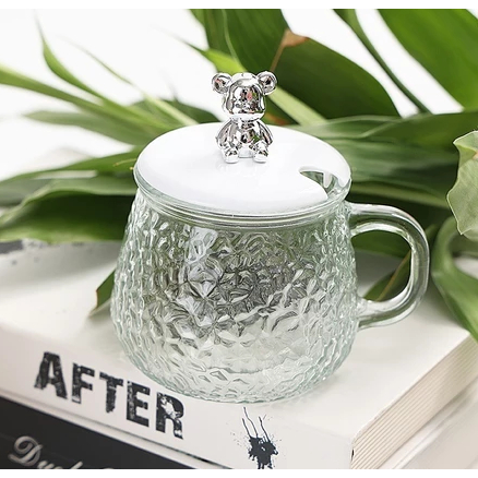 GELAS KACA/MUG TUTUP BERUANG DENGAN SENDOK/GELAS KACA DENGAN TUTUP/GELAS KACA DENGAN SENDOK/MUG KACA