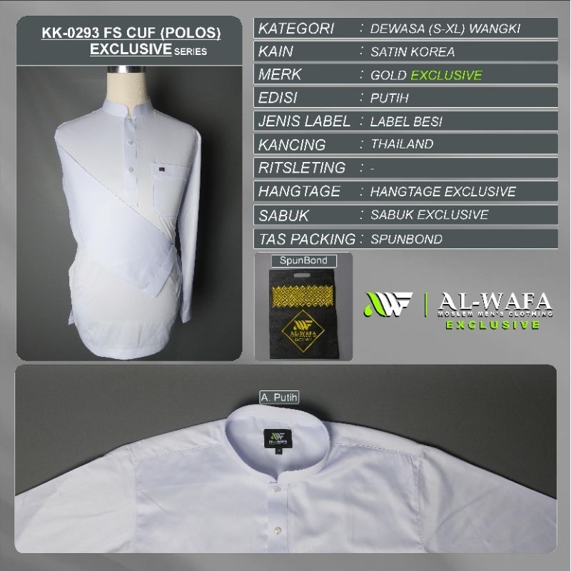 Baju Koko Busana Muslim Pria Al-Wafa/AWF Gold Warna Putih Polos Lengan Panjang Cuff