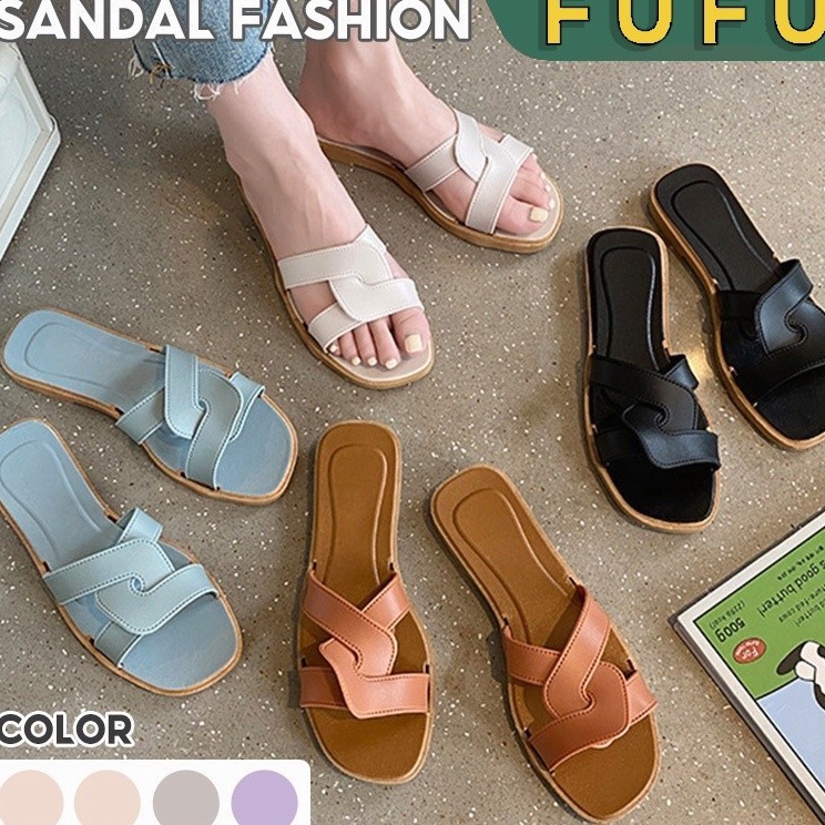 Terjangkau FUFU sendal slopsandal rumah  sandal wedges baru Sandal Wanita Fashion Korea Import Real 