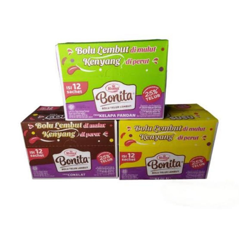 

Roma Bonita Bolu Telur Lembut Keik Bolu Rasa Coklat , Keju , Dan Pandan 1Box Isi 12 Pcs