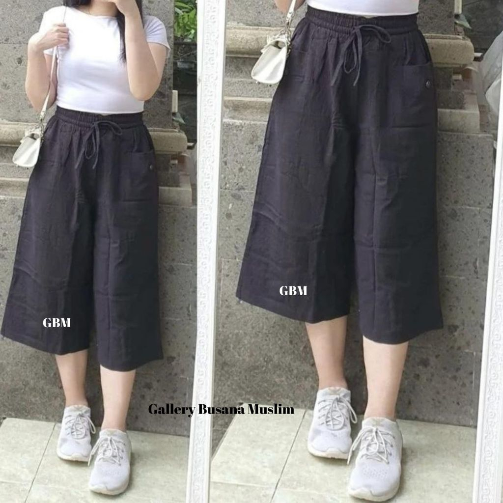 Celana Kulot 7/8 Kancing Bahan Linen Premium Kekinian Pinggang Karet Celana Wanita Kulot Linen Stand