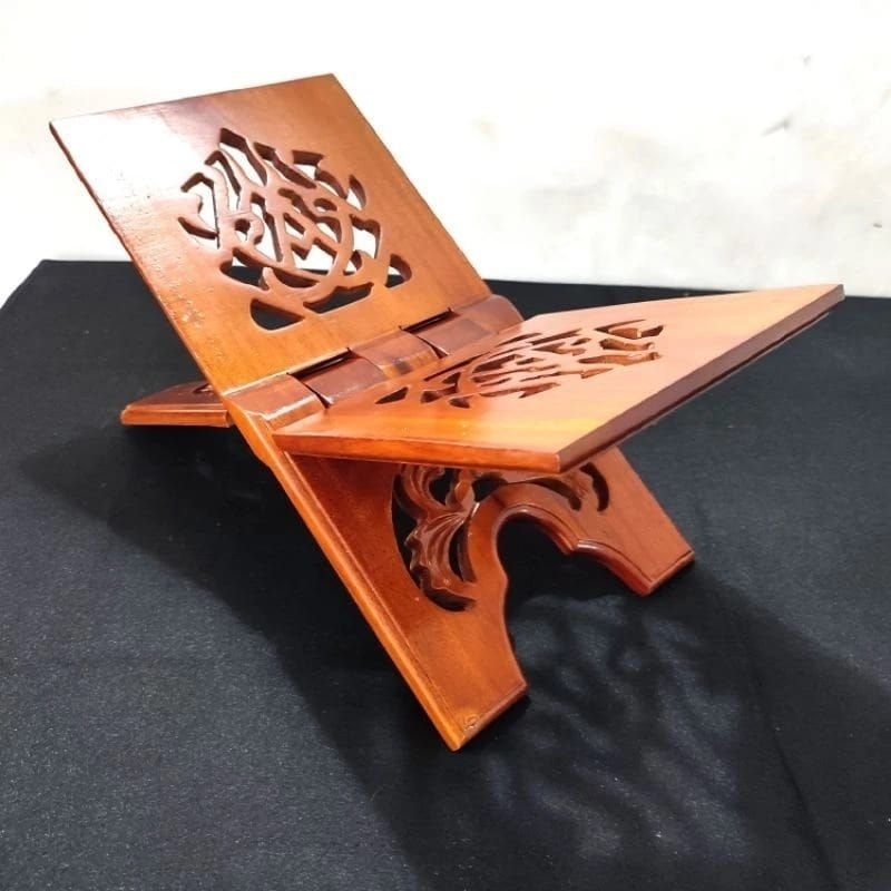Rekhal/Rekal/Meja Alquran Lipat-Tempat baca Alquran Motif Iqra 100% dari Kayu jati Mahoni