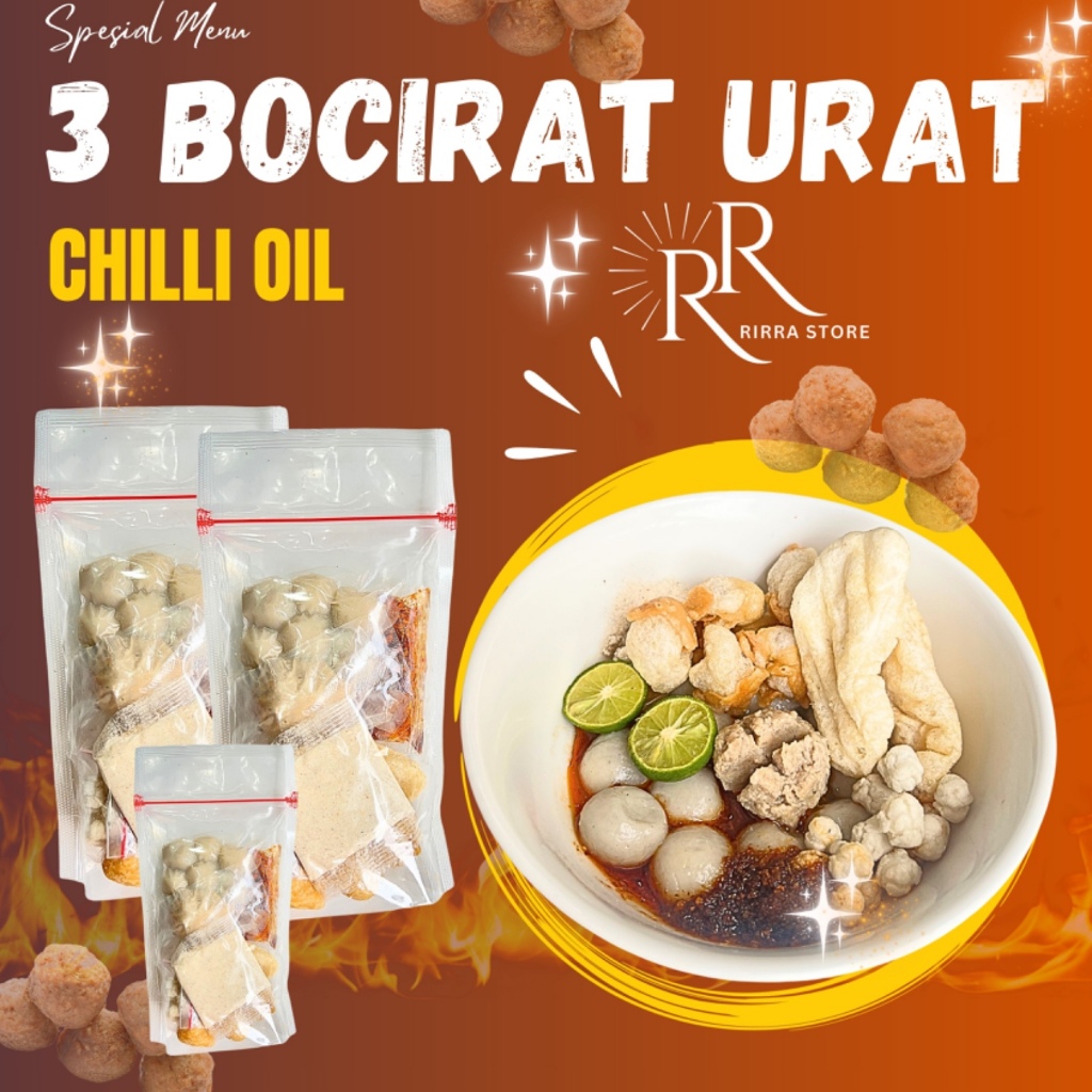 

3 BUNGKUS BOCIRAT BASO URAT DENGAN KUAH CHILLI OIL Food Ayam Pedas Instan Chili Seblak