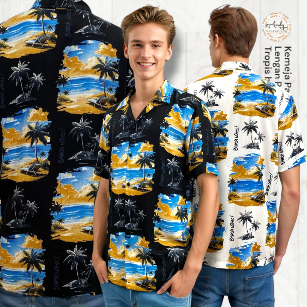 Kemeja Pria Pantai Hawai Lengan Pendek Hitam Putih | Baju Pantai Laki Laki - Unisex
