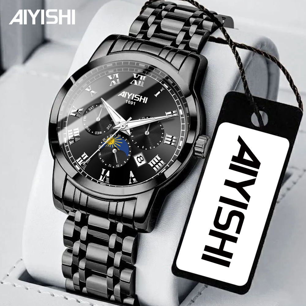 AIYISHI Jam Tangan Pria Original Bisnis Anti Air Kuarsa Jam Pria Calendar Tali Stainless Steel Jam T