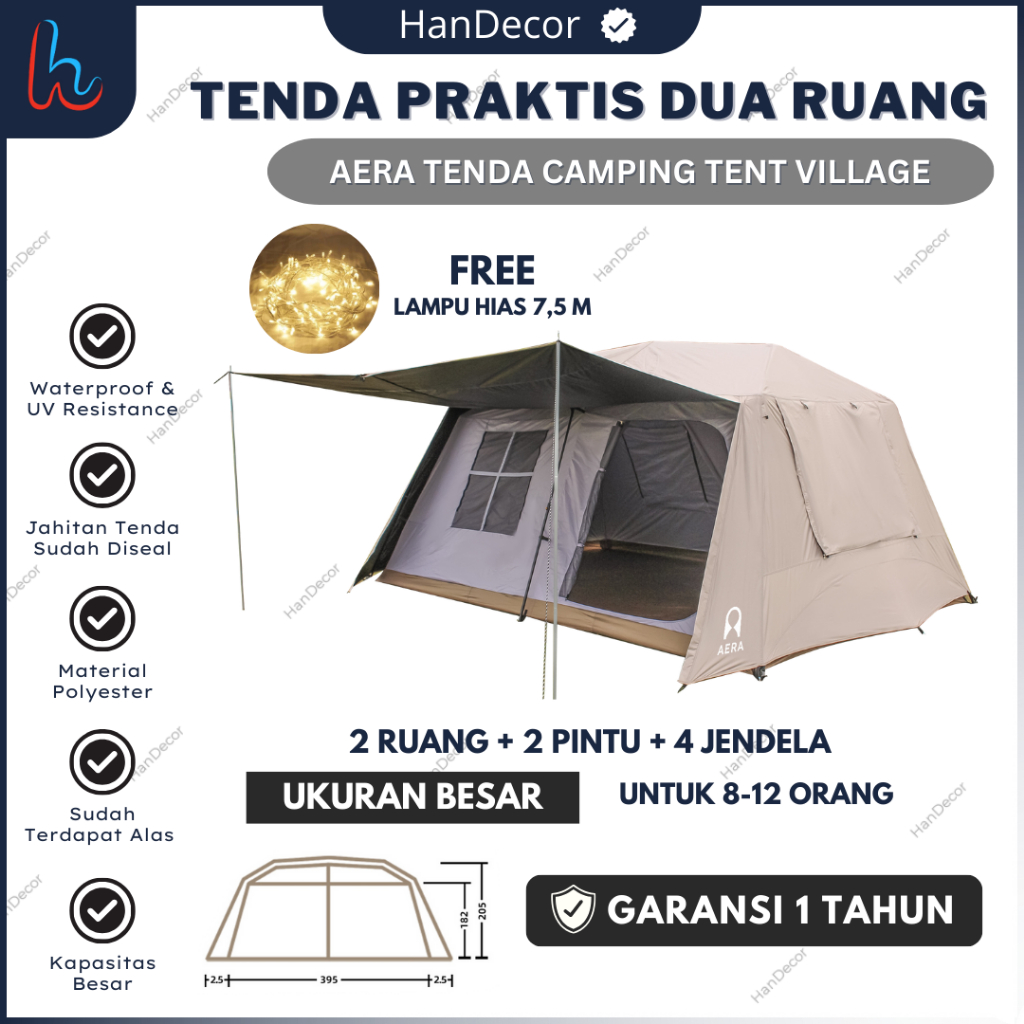 TENDA CAMPING TENT VILLAGE SEMI OTOMATIS 8-12 ORANG DOUBLE LAYER | TENDA CAMPING 8 ORANG WATERPROOF 