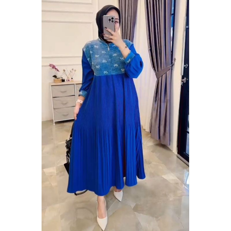 gamis midi dress plisket kaos knit import motif pita kecil