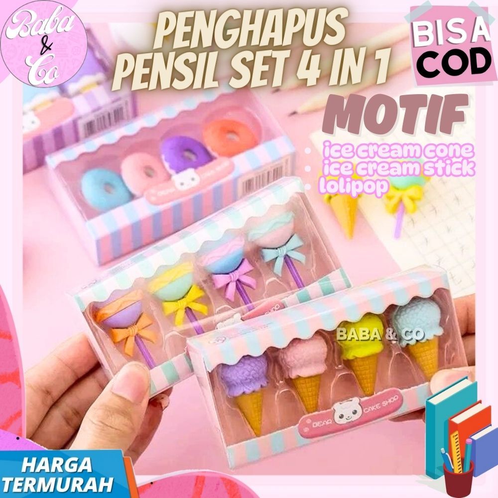 

PENGHAPUS SET 4 IN 1 PERMEN ES KRIM LUCU UNIK PENGHAPUS ICE CREAM CONE ICE CREAM STICK 4 IN 1 ERASER PENGHPAUS PENSIL LOLIPOP
