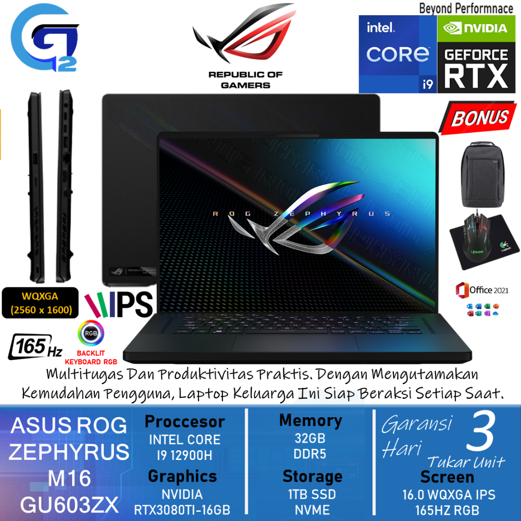 Asus ROG Zephrus M16 Intel Core i9 32GB DDR5 2TB SSD RTX3080Ti-16GB WQXGA IPS 165Hz RGB Win11Pro