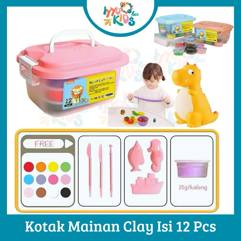 IYYO KIDS | MA77 Kotak Mainan Clay Isi 12 Pcs Clay Warna Warni Mainan Edukasi Anak Hadiah Anak Free 