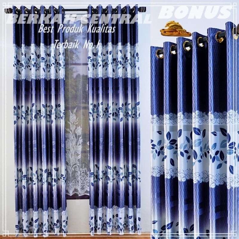 Gorden Hordeng Blackout import printing daun biru mewah tebal panjang 230cm