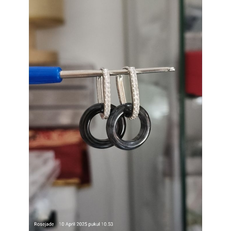 Anting perak s925 lapis emas giok burma wuji donat jadeite / anting hoop / anting gipsy