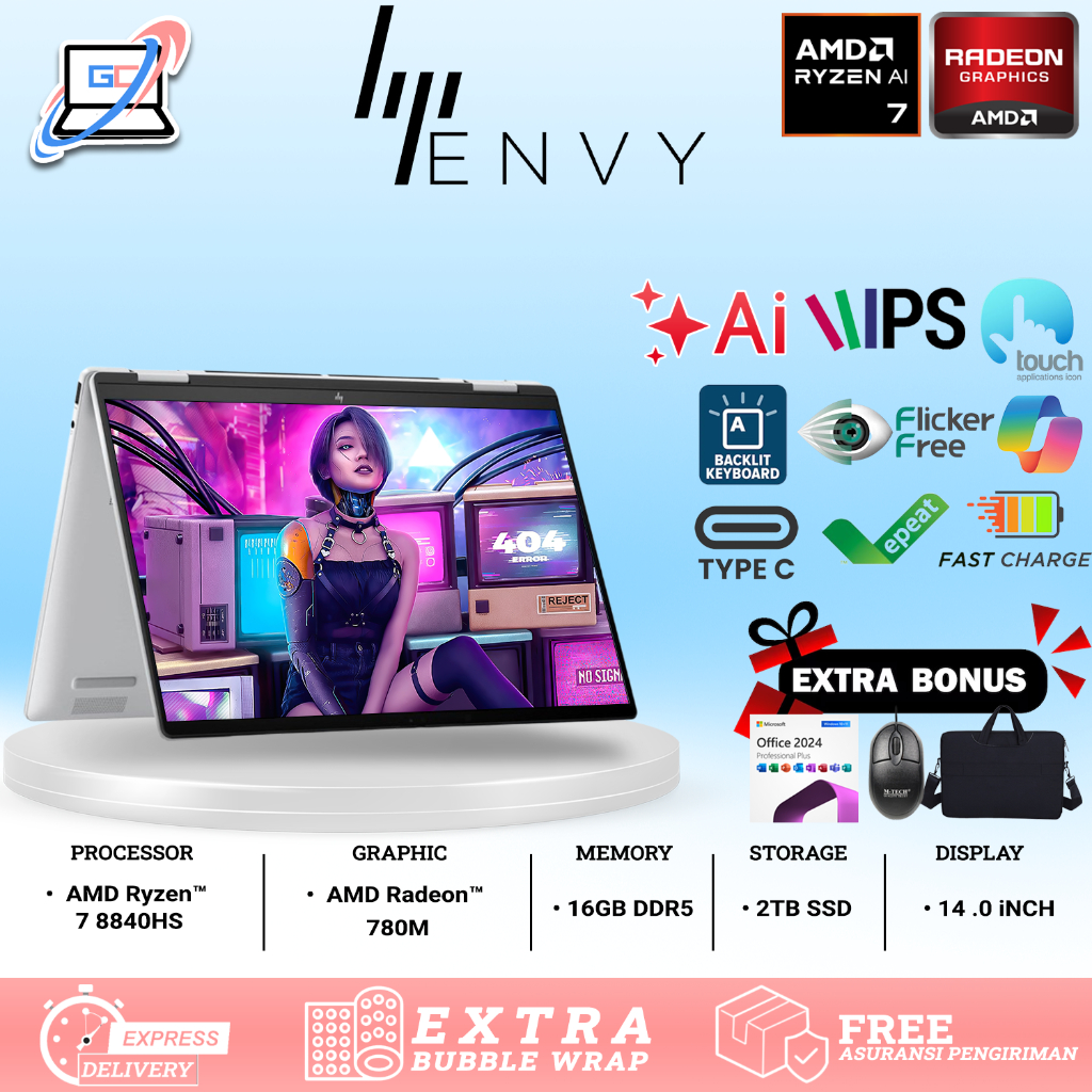 Laptop Hp Envy X360 14 Touchscreen AMD Ryzen 7 8840HS Ram 16GB DDR5 2TB SSD IPS Windows 11 Silver