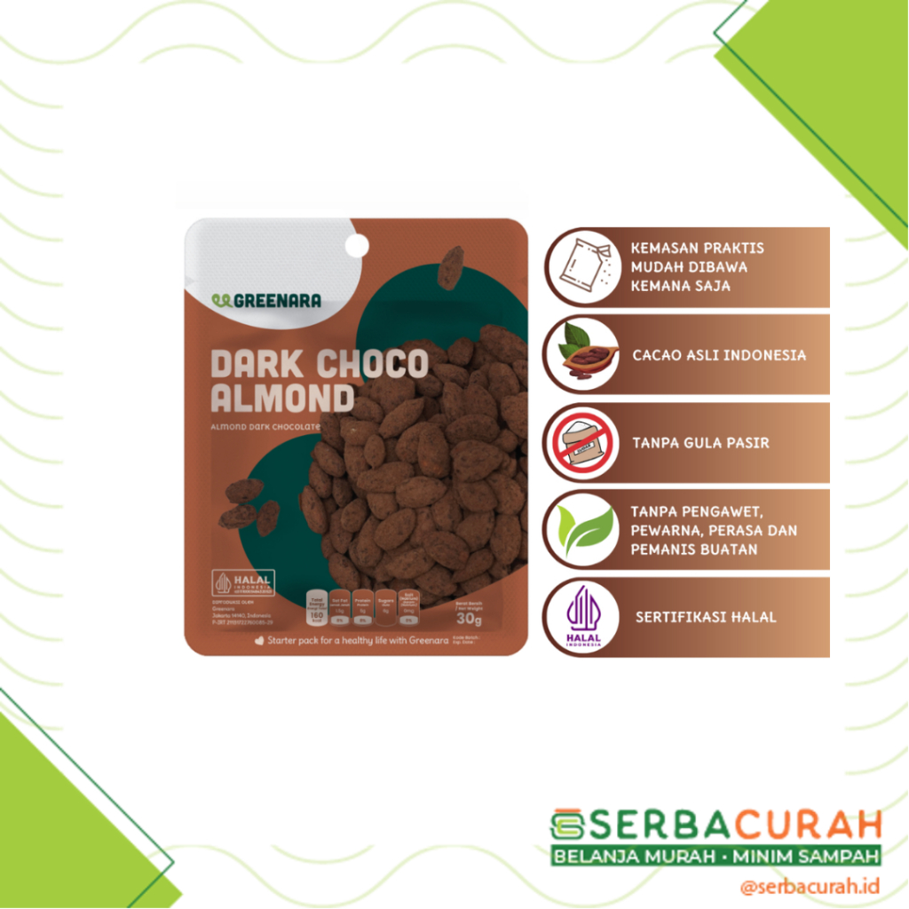 

One Serving Roasted Dark Choco Almond | Greenara | Kemasan 30 gr