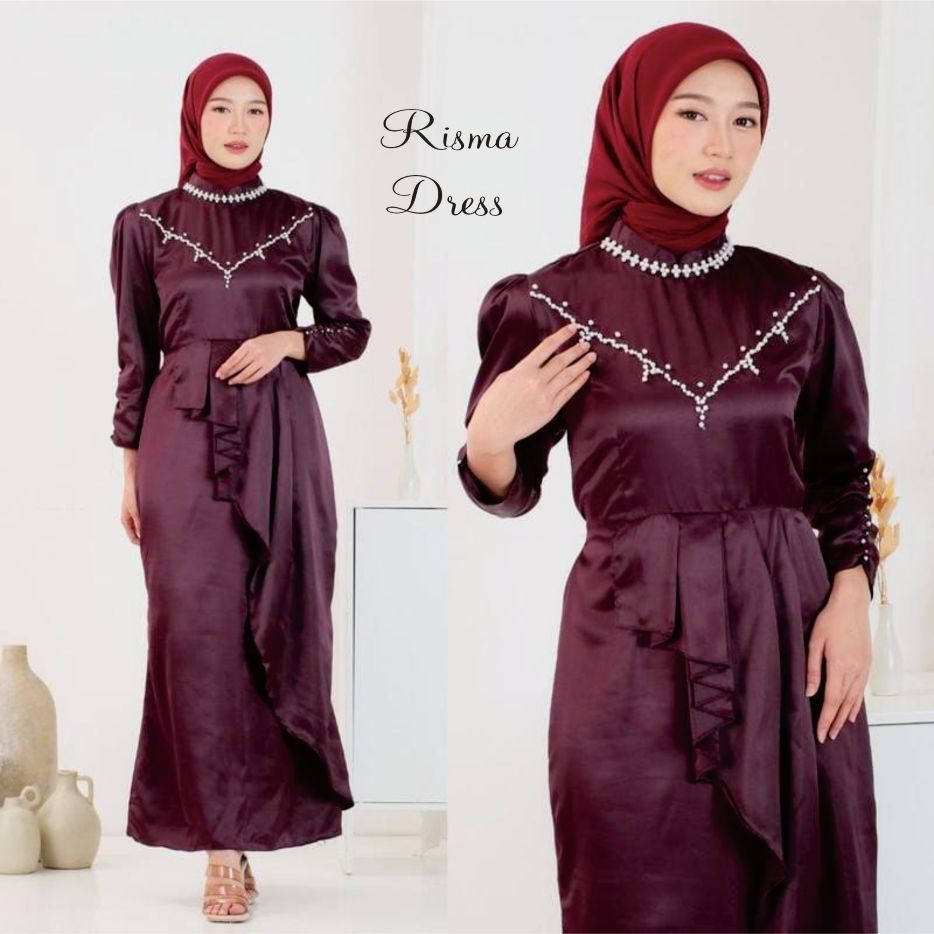 Special Burgundy Karisma Dress Gamis Kondangan Bridesmaid Gamis Satin Silk Dress Lebaran Mewah