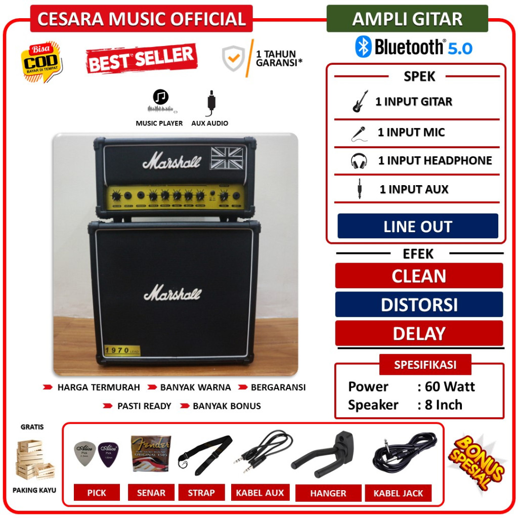 Ampli gitar 8 inch bluetooth bisa untuk karaoke 3 input head cabinet ada efek distorsi & delay