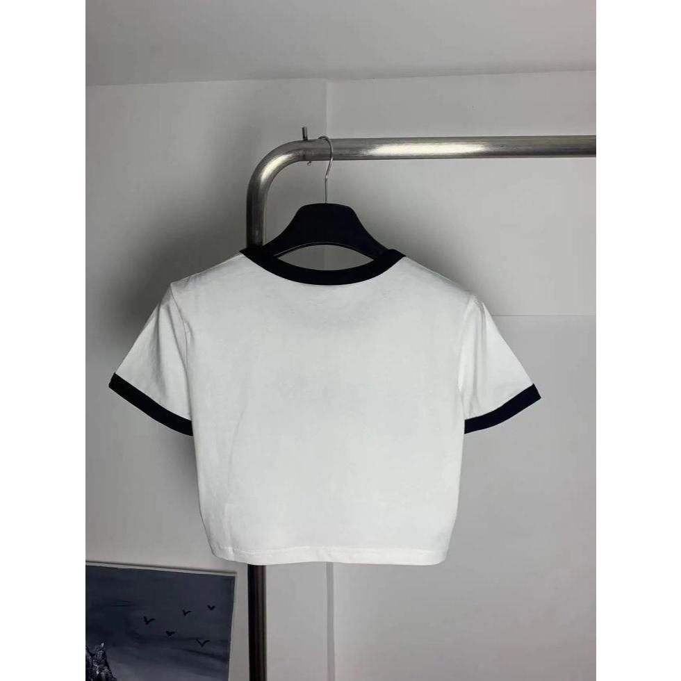CROP TEE WHITE / BAJU KAOS POLOS RINGER TEE CROP CEWEK / SOFT SPANDEK TSHIRT / T-SHIRT CEWE / BLACK