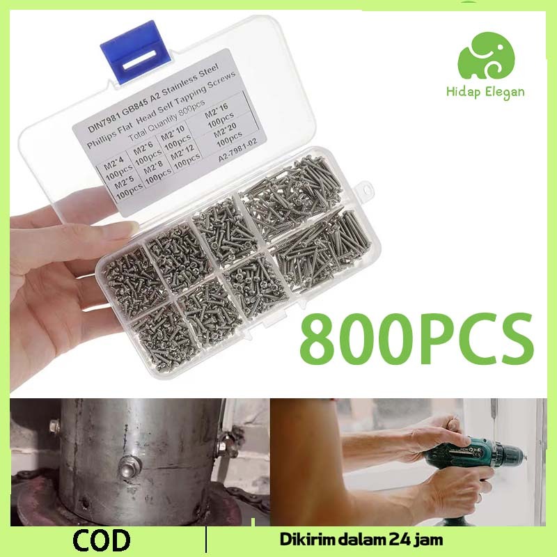 800pcs Sekrup Kecil Sekrup Baja Skrup Kecil Skrup Kecil Skrup Kepala Rata Tahan Lama Dan Tahan Karat