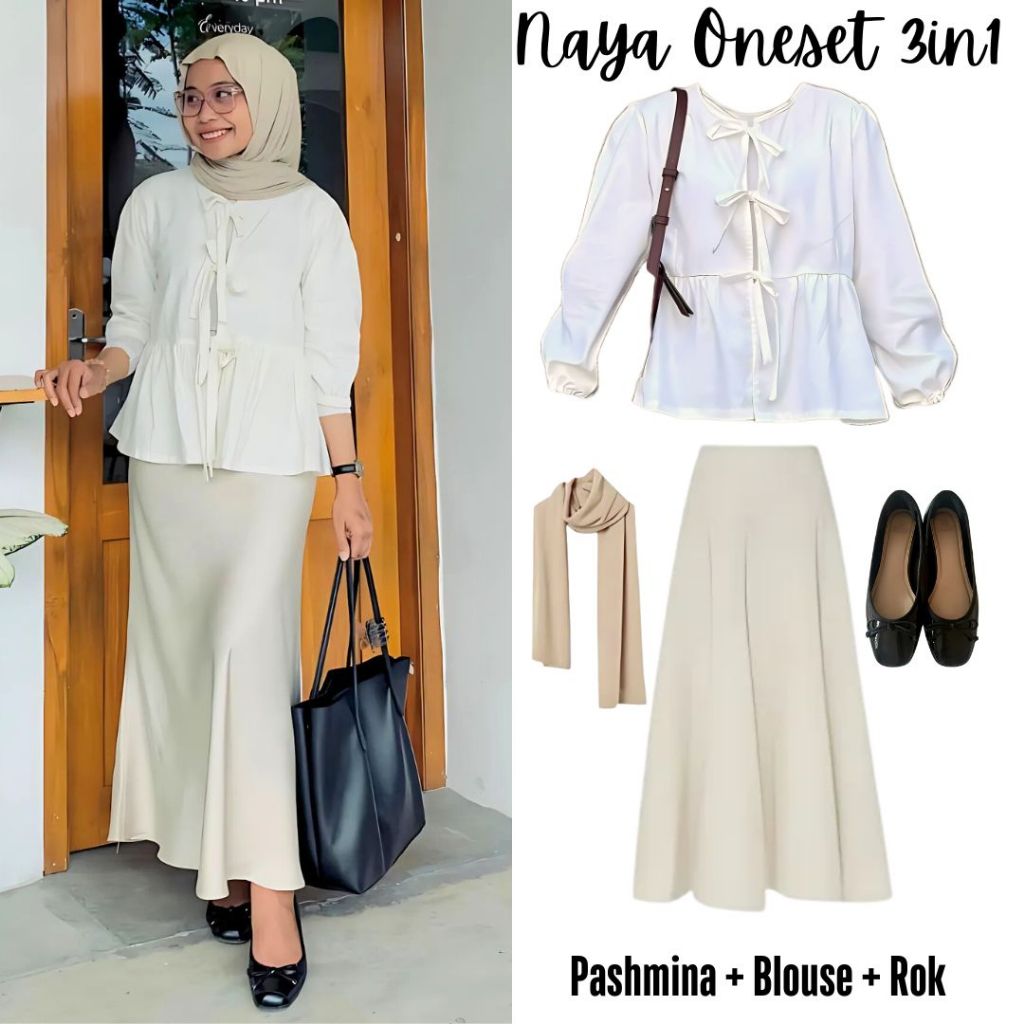 Oneset 3in1 blouse tali putih rok vanila hyget pashmina cream hijab style ARA176