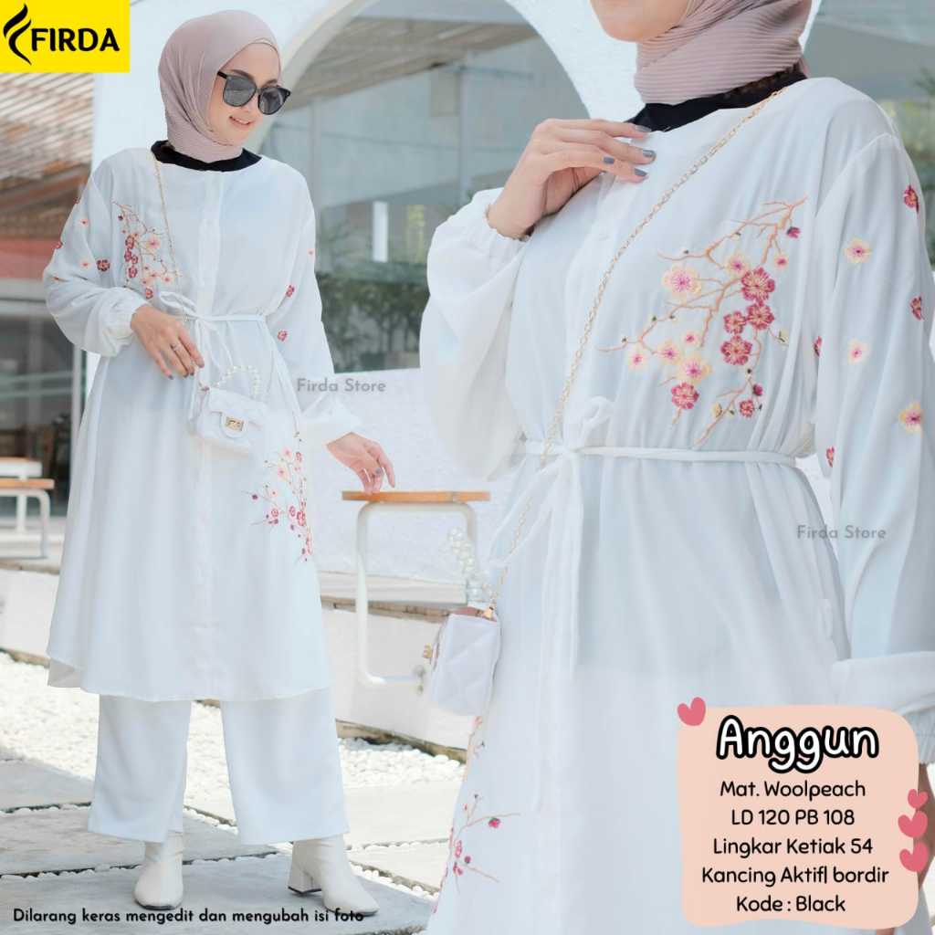Atasan Tunik Anggun Wolfis Motif Bordir Bunga Cantik Jumbo Size XXL Ld 120 Kancing Aktif Hitam Putih
