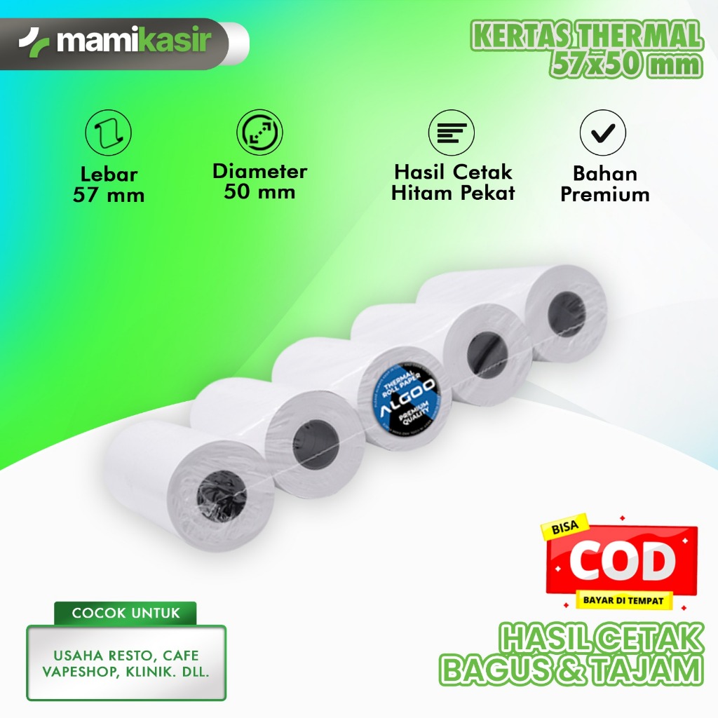 

MAMI KASIR Kertas Thermal Struk Kasir 57x50 mm PACK (10 Roll)