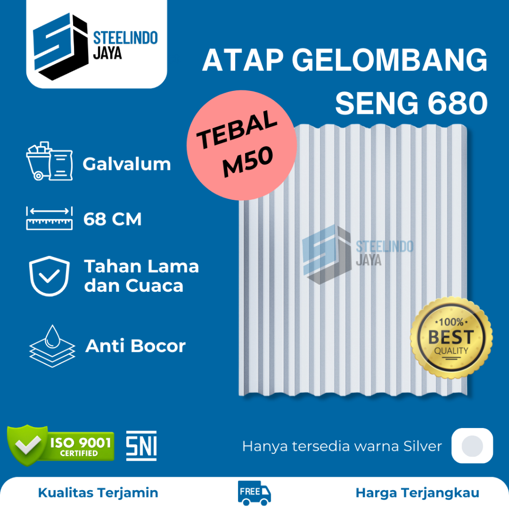 Atap Seng Gelombang Galvalum Silver Lebar 680mm Tebal 0,50mm (M050) Panjang 1 - 6 Meter