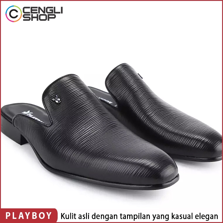 SEPATU SANDAL PLAYBOY PRIA ORIGINAL KULIT ASLI ORI SENDAL SLIP ON SLOP SELOP HITAM BLACK PL05
