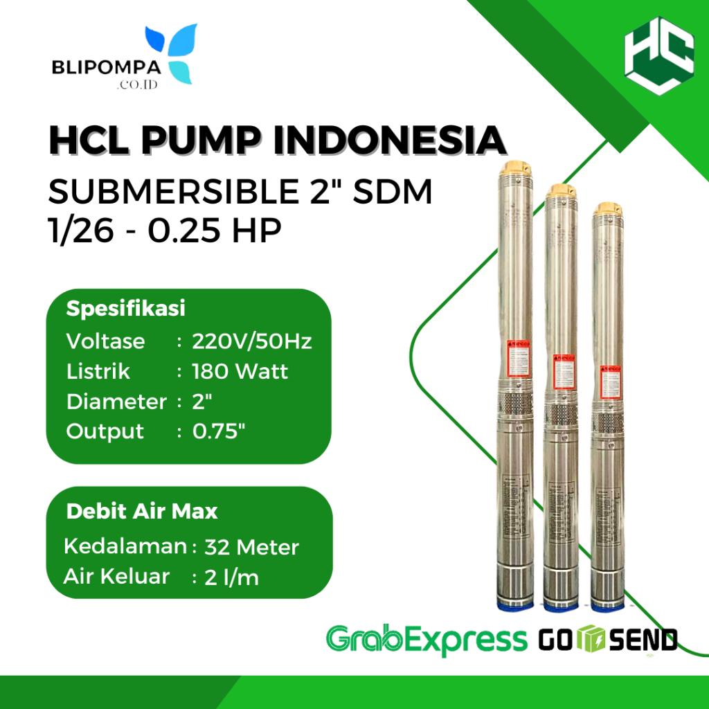HCL PUMP SUBMERSIBLE 2” SDM 1/26 0.25 HP - pompa satelit pompa celup
