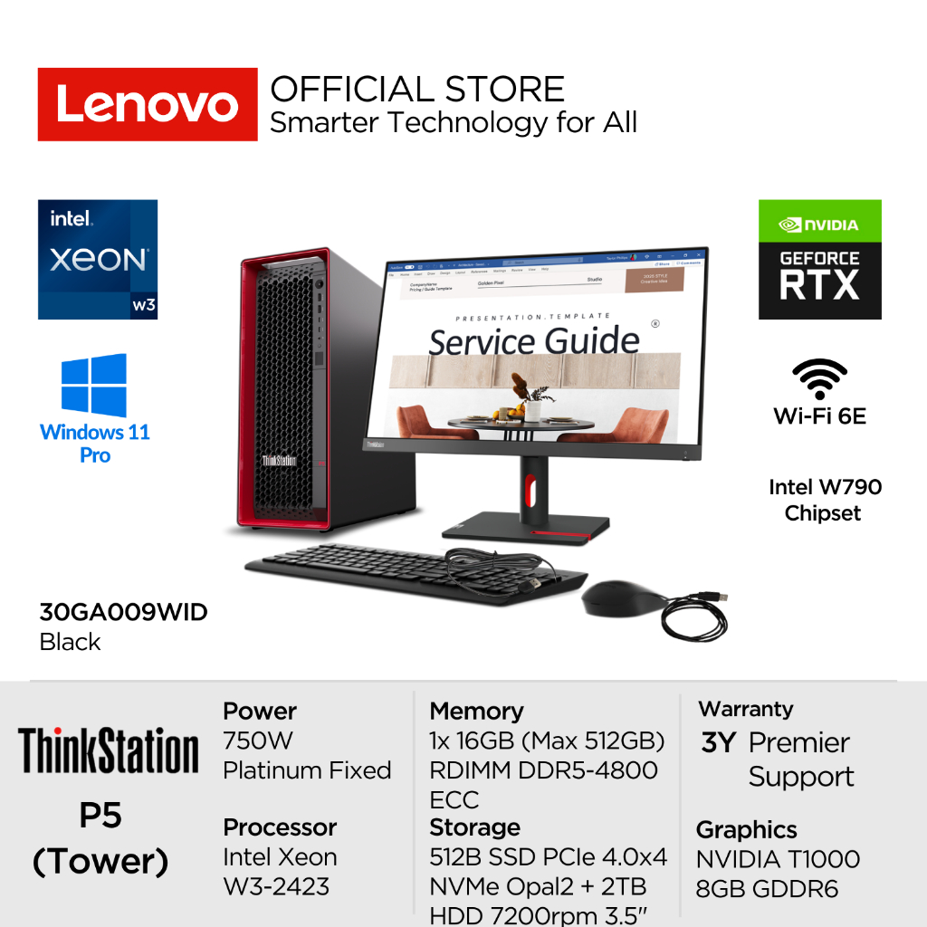 Lenovo PC ThinkStation P5 Tower 9WID Intel Xeon w3-2423 vPro AI Win11 Pro 16GB DDR5 512GB SSD Opal2.